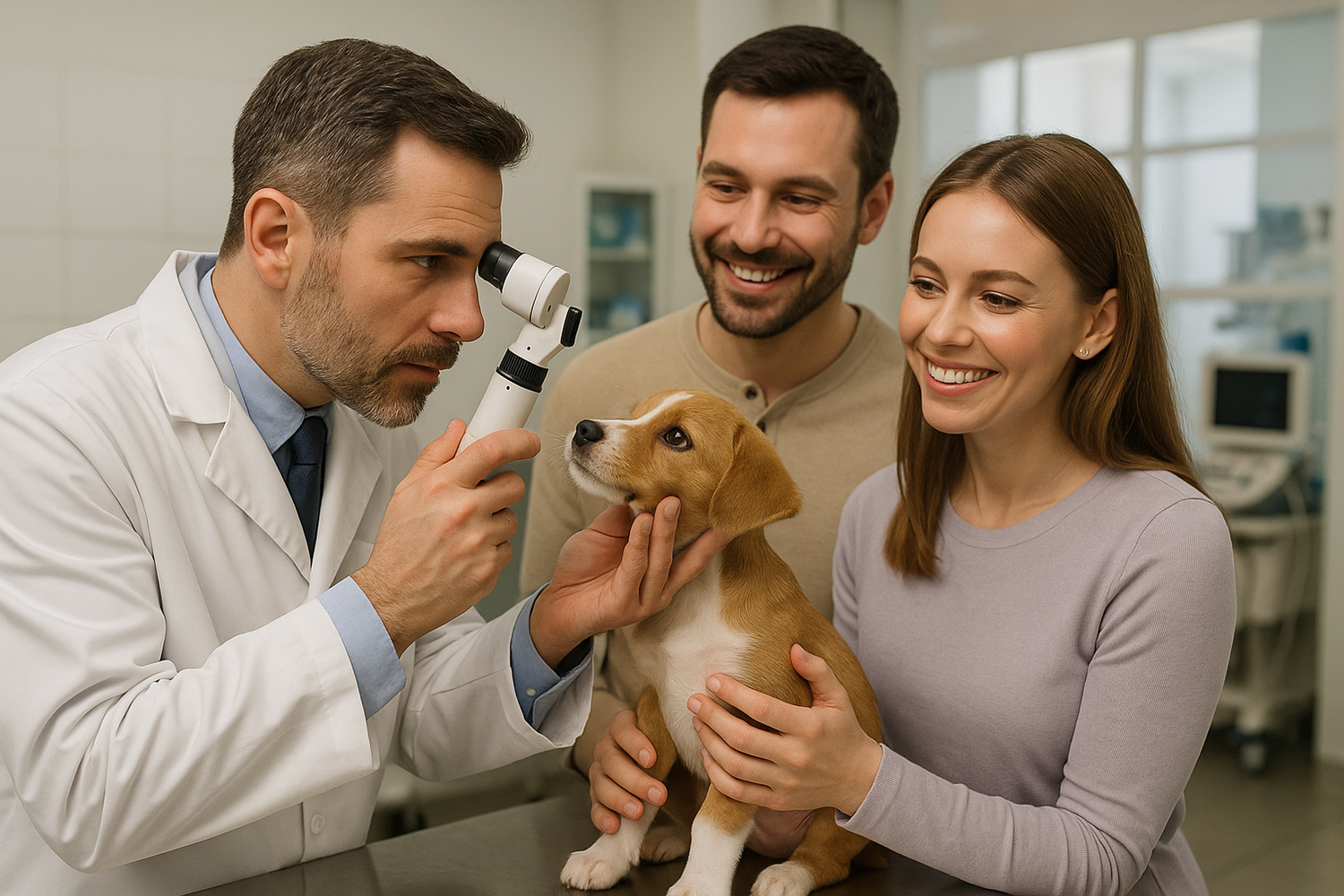 Doctor veterinario optalmologo revisando un perrito y con sus dueños felices